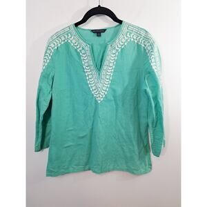 Brooks Brothers Teal White Embroidered V-neck Blouse Top Size Small Linen Blend